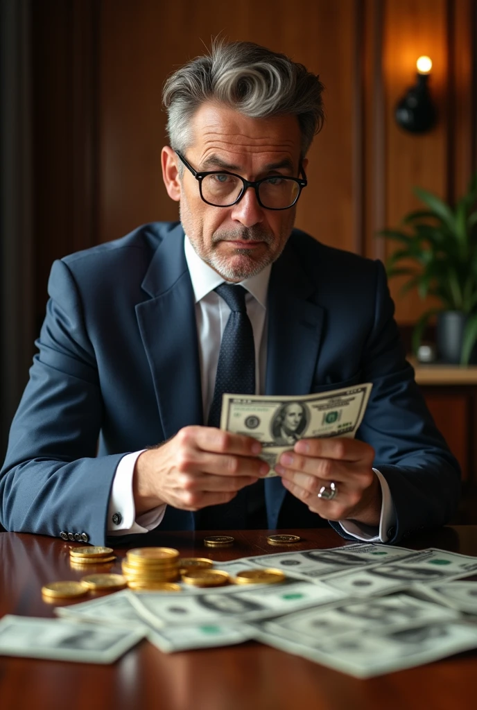 A rich well dressed man is sitting in the director's office counting dollars. On the table are bitcoins and dollars. The man is counting money with excitement and thinking of a fireball.