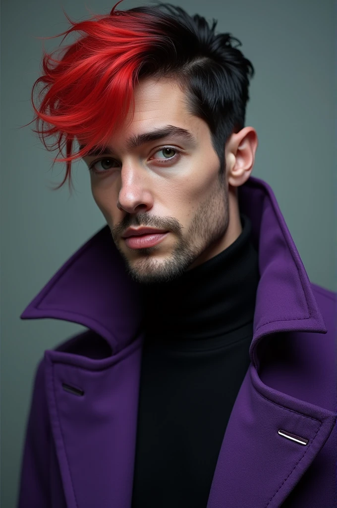 A 37 year old man with half red half black hair with grey eyes wearing purple jacket