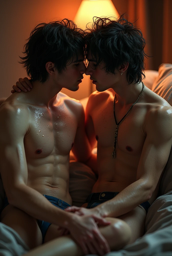 twink, gay, emo, wearing no shirt, Unclothed, big-ass, sitting sensually on the lap of another gay emo, naughty man, sexly, very sweaty, hair in the armpit, just in underwear, a lot of sweat indeed, quite, panting, sex