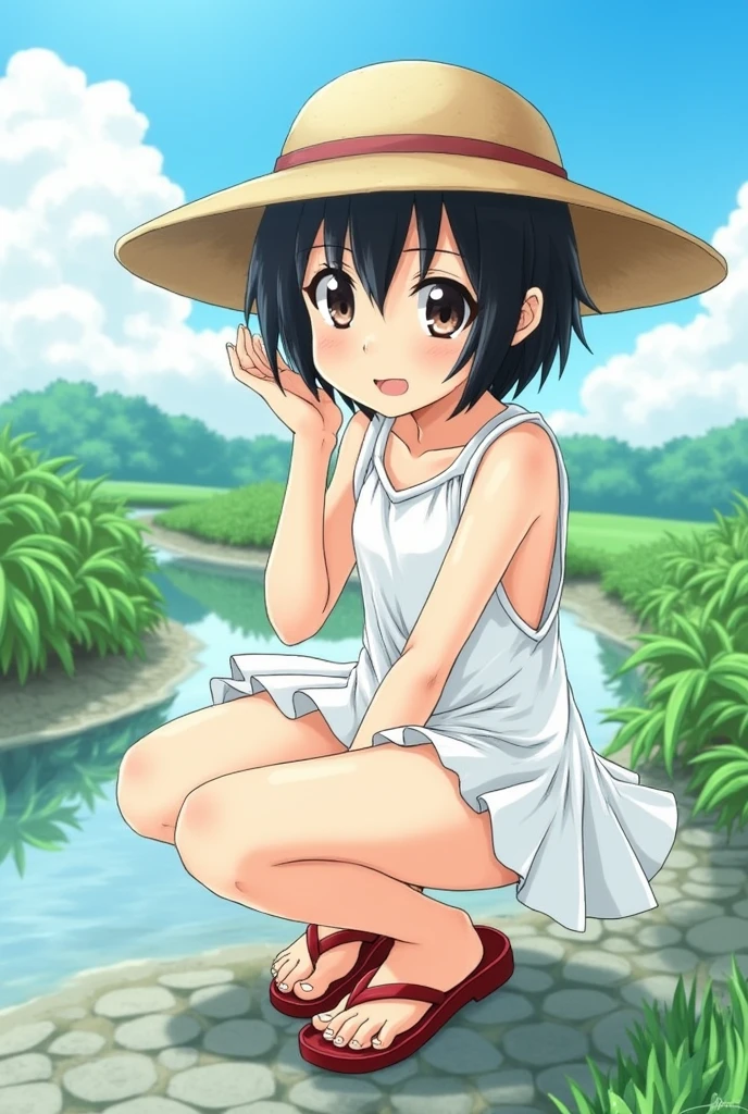 Highest quality, perfect anatomy, {1girl}, {}, boyish, black hair, very short hair, Cut hair, School swimsuit tan lines, White one-piece dress ,straw hat, Red sandals, squatting, summer sky, clear stream, Rural Japan, cinematic lighting, beautiful detailed eyes,sunlight,