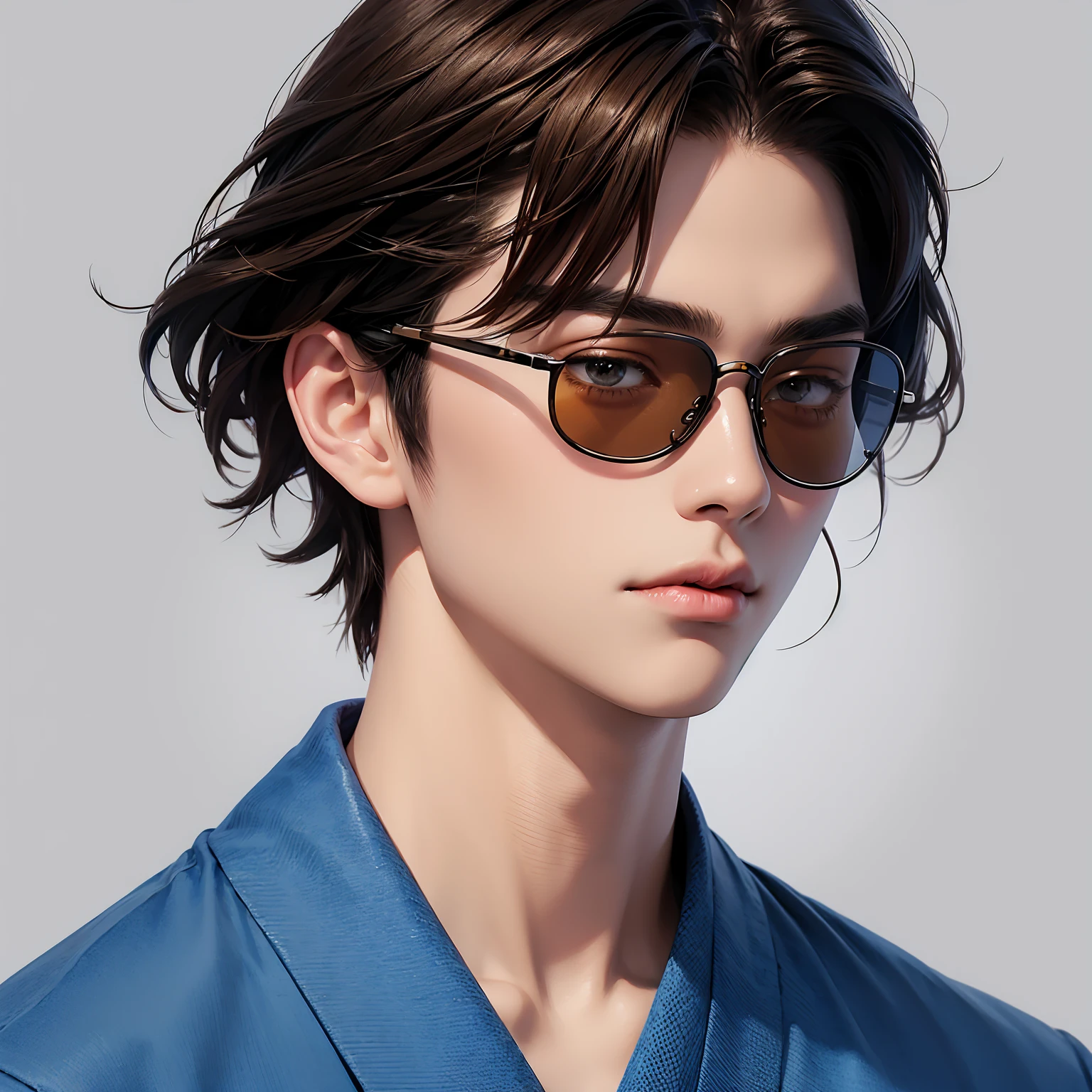 One man　Japanese men　No background　Fashionable clothes　Detailed face and skin　An illustration　Visible blue sunglasses　Brown Hair