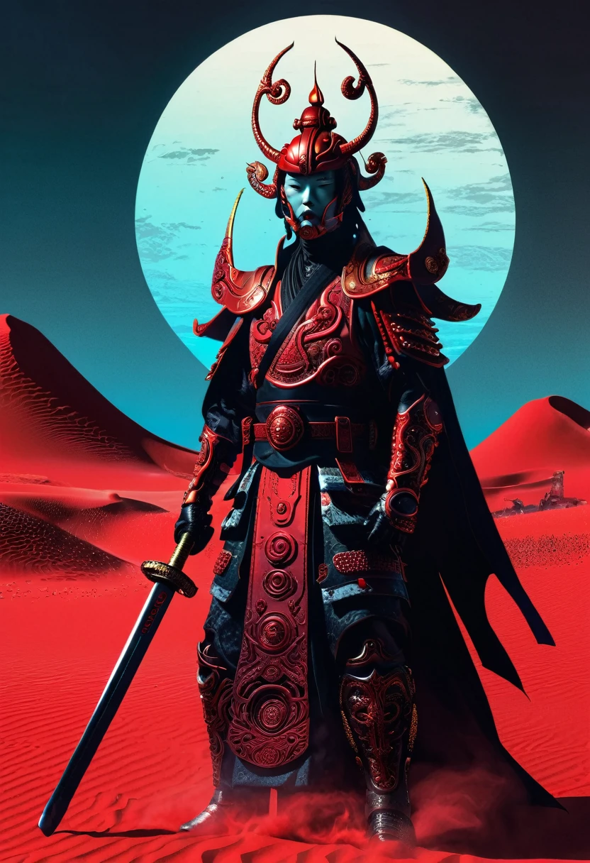 The Warlord, cyberpunk samurai warrior, Red Desert Geisha, dark and moody, by Karel Thole and Mike Mignola --ar 2:3, vaporwave