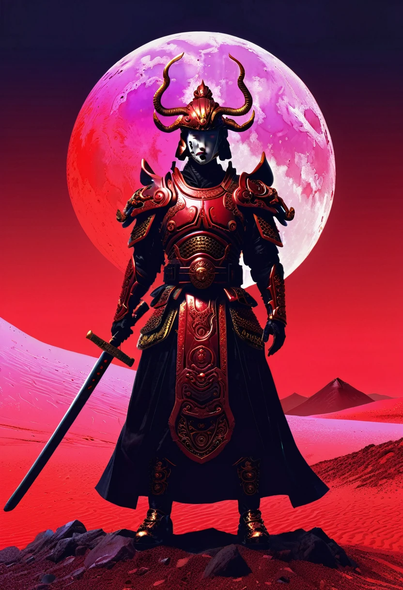 The Warlord, cyberpunk samurai warrior, Red Desert Geisha, dark and moody, by Karel Thole and Mike Mignola --ar 2:3, vaporwave