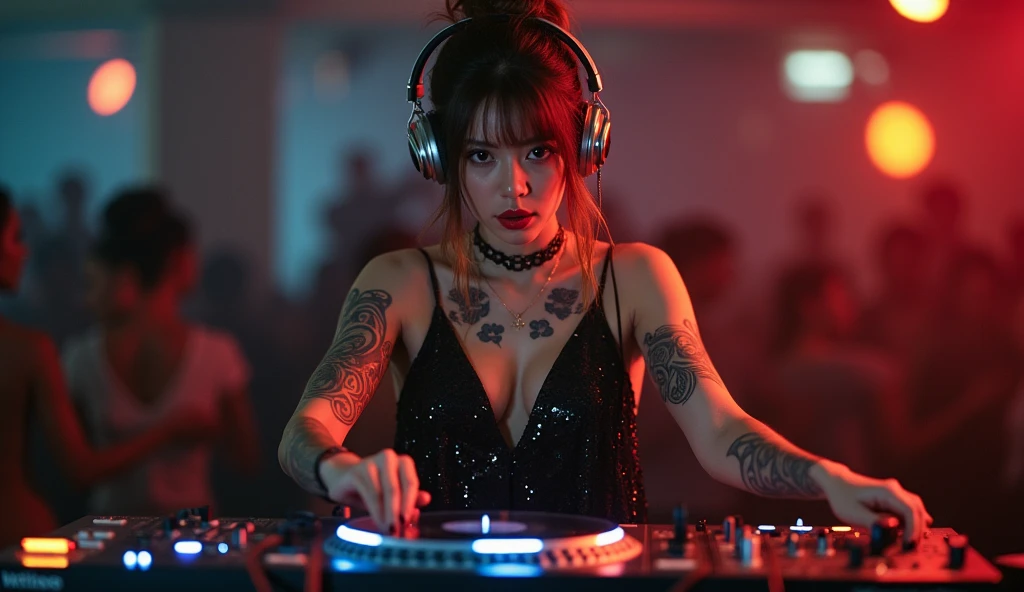 8k, a dancing beautiful asian cyborg with brown one bun hair, ((DJ)), ((tattoos)), photography, portrait of gadis_jelita wearing black sequin flowy silk dress, red lipstick, silver DJ Headset, ((serious)) ((eyes looking turntable)), excited, one hand on the air, detail, DJ table, ((playing turn table)) to the crowd, picture from front view, in blurry background, soft focus, (masterpiece, sidelighting, finely detailed beautiful eyes: 1.2), bokeh, hdr