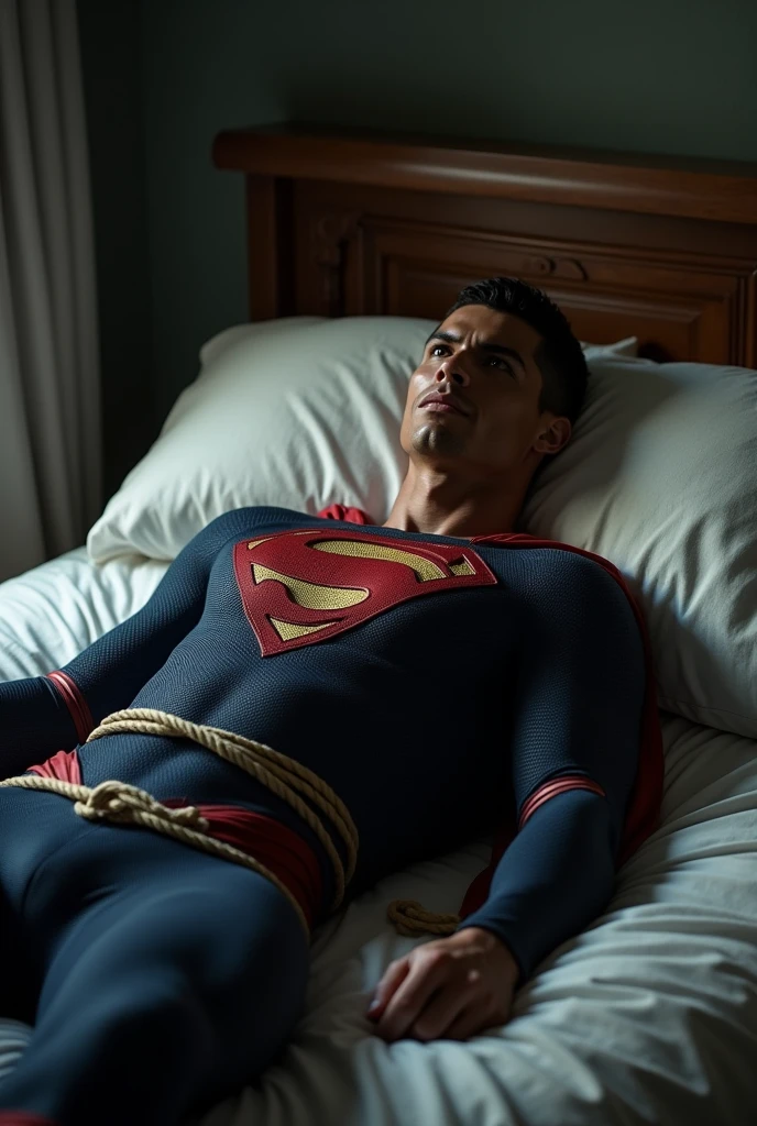 Cr7, superman suit lying and tied to a bed