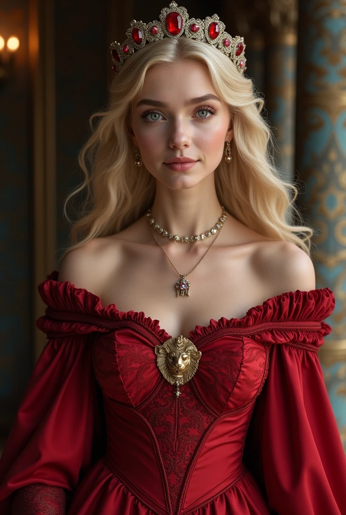 Create a young lannister woman, Blonde and blue-eyed with a big dress with a kind smile on her face that doesn't show her teeth and a beautiful red dress with a lion emblem and a small tiara on her head with a lion emblem and rubies