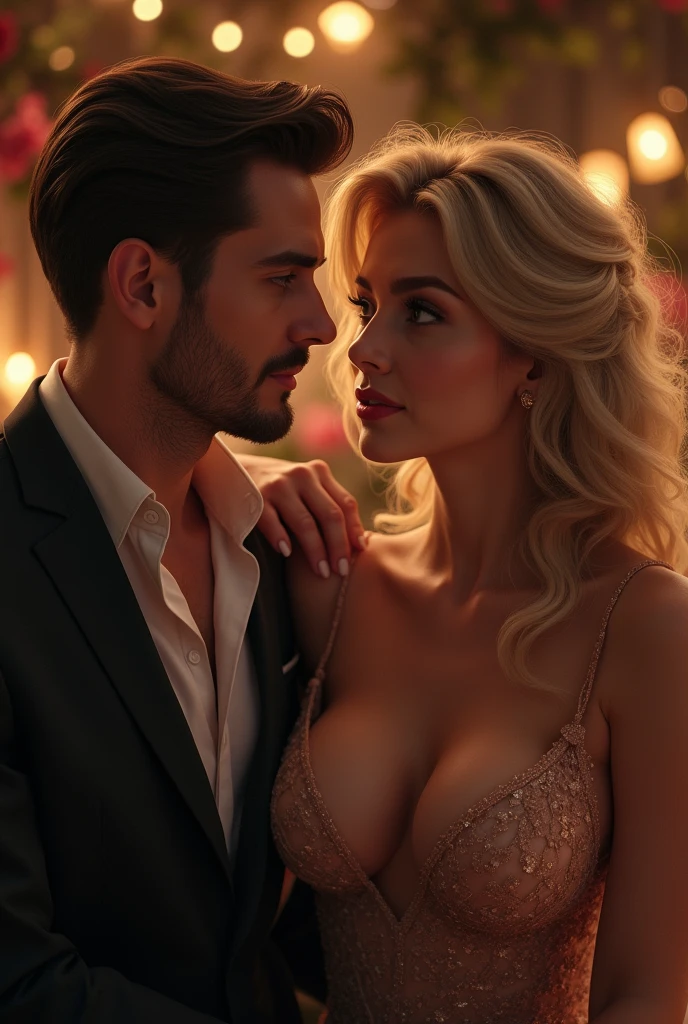 Young man, who is dating a beautiful middle-aged woman, big breast fat woman, woman with slight wrinkles near her eyes