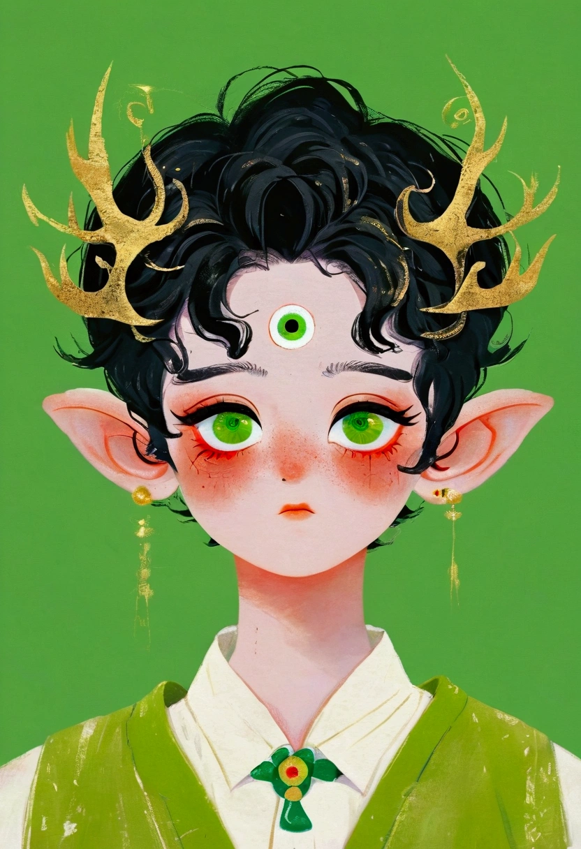 Japanese Anime,Second dimension,Horror style,horror character,(((Three-eyed boy,solo,The third eye on the forehead,Dark eyeshadow,White short hair,Elf ears,Green Skin,Exaggerated golden crown-eyeball decoration))),(((Japanese clothing))).(((Thin waist,Green belt:1.6))).Solid pink background