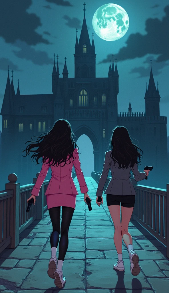 Two girls, yuri,(The first girl wear a pink suit, black shirt, pink pencil skirt, black tights, white socks, white sneakers) and (The second girl wore a grey suit, black shirt, black pencil skirt, black underpants, white socks, white sneakers), holding a handguns, running to long bridge, entry of the vampire castle, fantastic dark night sky, novel cartoon, 4K, HD