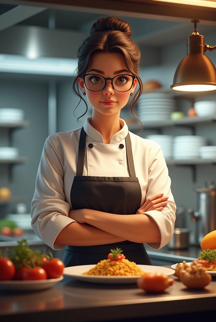 A female confidence chef with glasses