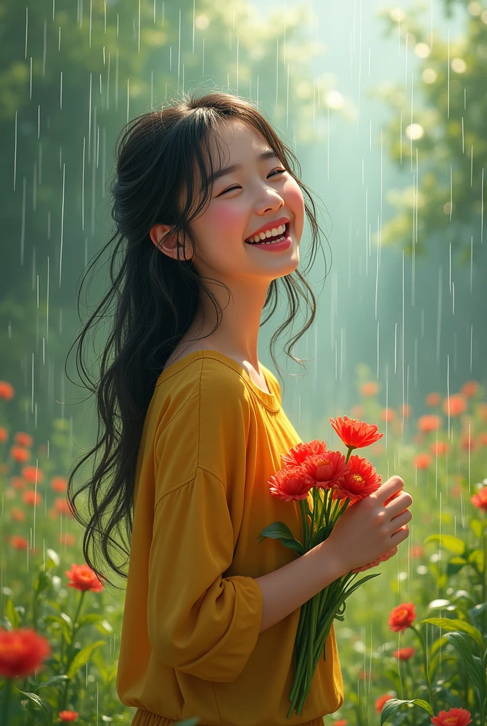 A beautiful girl smiley face enjoying rain , red flowers in her hands
