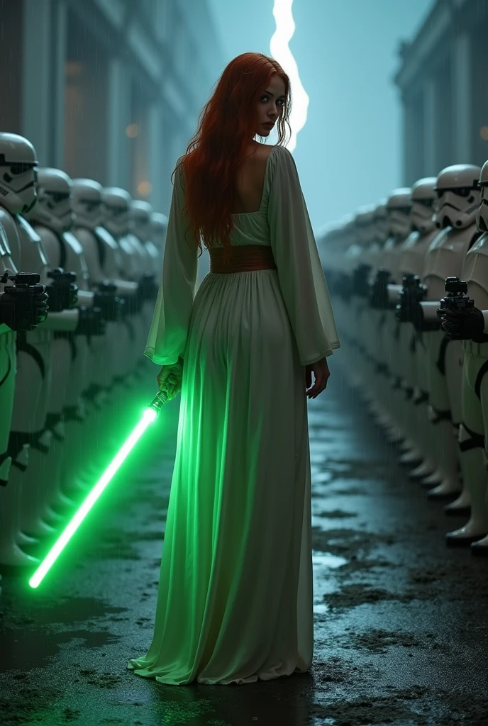(full body shot:1) photorealistic image of a (standing pose:1) woman, ultrarealistic, photography, long red hair, woman, 24 years old, hourglass figure, perfect body, seductive look, natural medium breasts, blur background, in complete darkness, she is wearing a light jedi robe, she is holding a green lightsaber, the lightsaber is the only lightsource, on a dark destroyed space colony outside, it is raining, there is lightning in the background, she has her back to the camera, she is facing an army of stormtroopers in front of her with their weapons drawn, she looks into the camera, long sexy legs, wet clothes, wet hair
