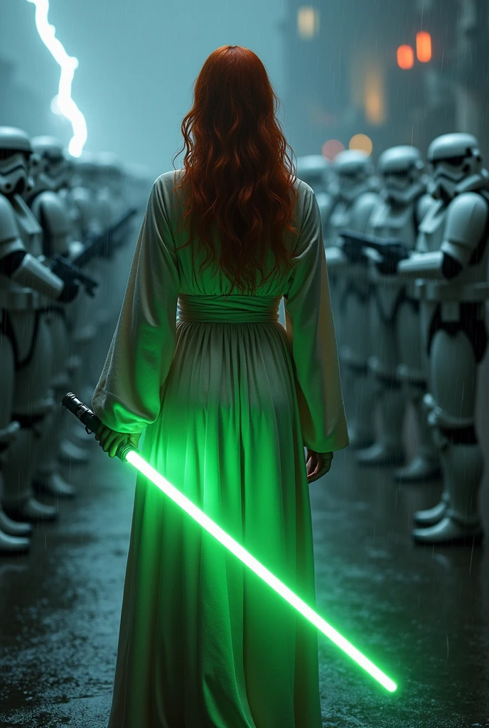(full body shot:1) photorealistic image of a (standing pose:1) woman, ultrarealistic, photography, long red hair, woman, 24 years old, hourglass figure, perfect body, seductive look, natural medium breasts, blur background, in complete darkness, she is wearing a light jedi robe, she is holding a green lightsaber, the lightsaber is the only lightsource, on a dark destroyed space colony outside, it is raining, there is lightning in the background, she has her back to the camera, she is facing an army of stormtroopers in front of her with their weapons drawn, she looks into the camera, long sexy legs, wet clothes, wet hair