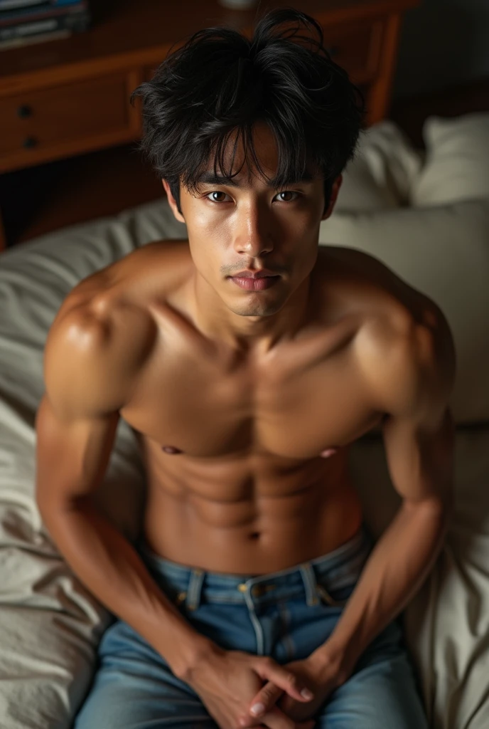 asian men, brown skin, messy hair, shirtless, abs and pecs, abs, no pants, in bedroom, pov over the bed