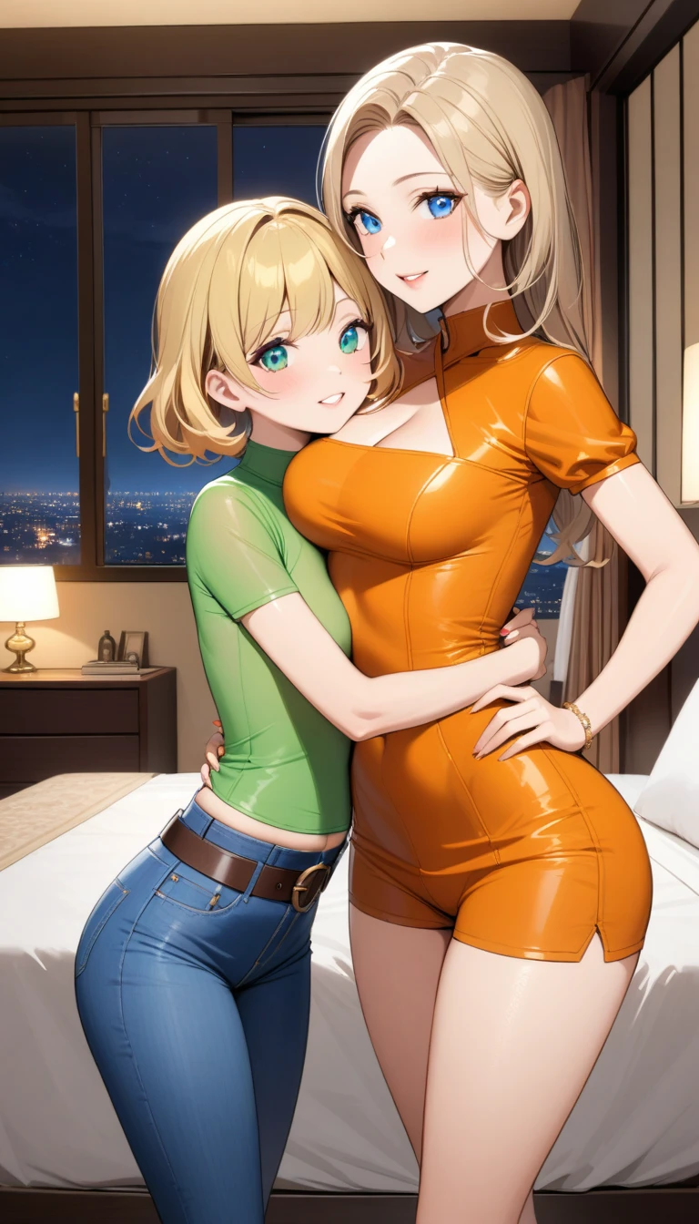 Two beautiful ladies ((lady 1: 35y old mom, with short straight blonde hair, lady 1 with blue eyes and caucasian skin, lady 1 wearing Tight Jeans and Leather Belt, lady 1 Sexy Criss Cross Mock Neck Short Sleeves Orange Blouse)), ((lady 2: y olaughter, with short straight blonde hair, lady 2 with blue eyes and caucasian skin, lady 2 wearing Tight Jean Shorts and Leather Belt, lady 2 Sexy Criss Cross Mock Neck Short Sleeves Green Blouse)), luxurious jewelry, 18k gold wedding ring on left hand, standing in their bedroom at night, hugging and kissing each other, (light brown lipstick), (elegant mascara), (slim body), (small breasts), (wide hips), endjourney, <lora:GoodHands-, <lora:GoodLegs-, UHD, high resolution, (expressive eyes, perfect face, full body, expressive face, perfect body, perfect pussy, athletic, fit, slim body, blushing, Perfect makeup, eyeliner, beautiful eyelashes, smiling, horny face), ((best illumination, best shadows)), ((sexy pose)), ((Front pov:1.1))