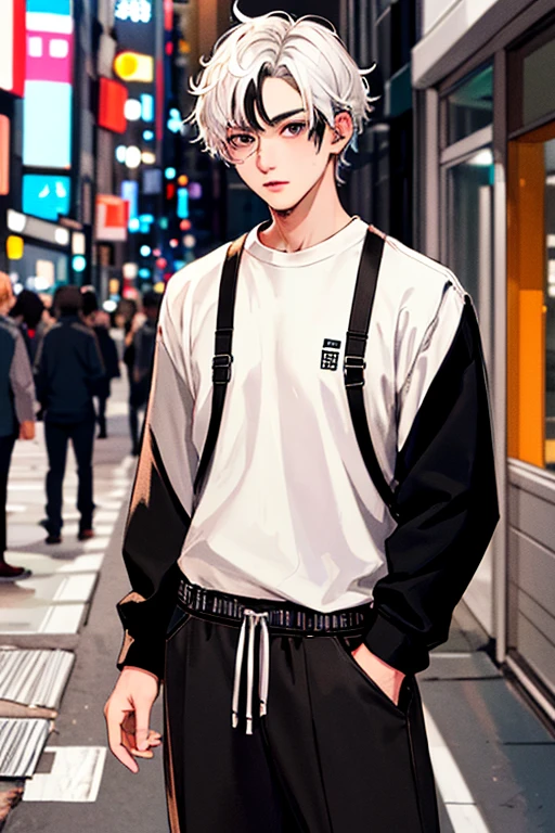 ((masterpiece)), (((best quality))), chromatic lighting,
colorized, white + black limited color palette,
detailed concept drawing,
Shibuya street fashion guy, no weird object on his face,
portrait, 20yo 1guy, slender, wide pants, short white hair, black eyes,
