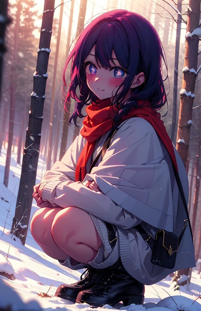 aihoshino, Ai Hoshino, Long Hair, bangs, (Purple eyes:1.1), Purple Hair, (Symbol-shaped pupil:1.5), smile,,smile,blush,white breath,
Open your mouth,snow,Ground bonfire, Outdoor, boots, snowing, From the side, wood, suitcase, Cape, Blurred, , forest, White handbag, nature,  Squat, Mouth closed, Cape, winter, Written boundary depth, Black shoes, red Cape break looking at viewer, Upper Body, whole body, break Outdoor, forest, nature, break (masterpiece:1.2), Highest quality, High resolution, unity 8k wallpaper, (shape:0.8), (Beautiful and beautiful eyes:1.6), Highly detailed face, Perfect lighting, Highly detailed CG, (Perfect hands, Perfect Anatomy),