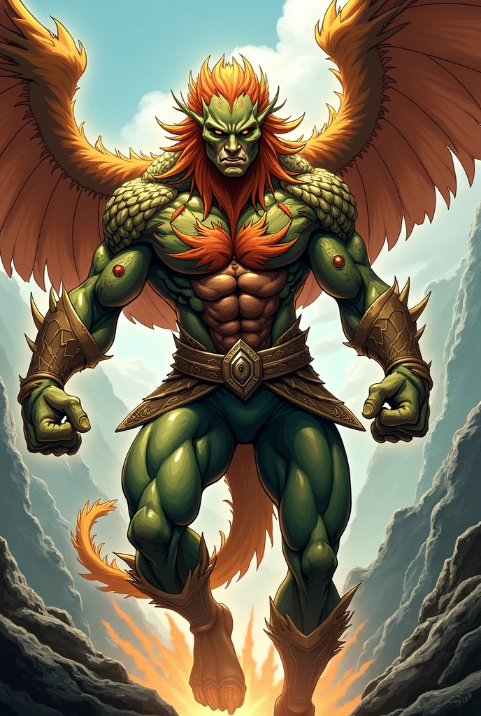 Create a comic-style illustration of Animus, a hero embodying the essence of animal mimicry and regeneration. His appearance is a dynamic fusion of various animal traits—muscular and agile, with shifting features like feline eyes, reptilian scales, and avian wings, all blending seamlessly into his form. His costume is wild and organic, adorned with textures resembling fur, feathers, and scales, emphasizing his deep connection with the animal kingdom.
In the illustration, Animus is mid-transformation, showcasing his ability to adapt to his environment with a powerful, yet graceful stance. His skin and attire subtly change, reflecting the characteristics of the animals he channels, from a lion’s mane to a serpent’s sleekness. His regenerative abilities are visible through a glowing aura, where small wounds or scratches heal instantly, leaving no trace.
The background should be an untamed wilderness, perhaps a dense jungle or a rugged mountain landscape, with elements of wildlife subtly integrated, hinting at the creatures he mimics. His expression is fierce yet thoughtful, reflecting the multifaceted nature of his personality, which shifts with each animal form he takes. The overall mood of the illustration should be a blend of primal power and instinctual wisdom, capturing Animus as both a protector and a force of nature.