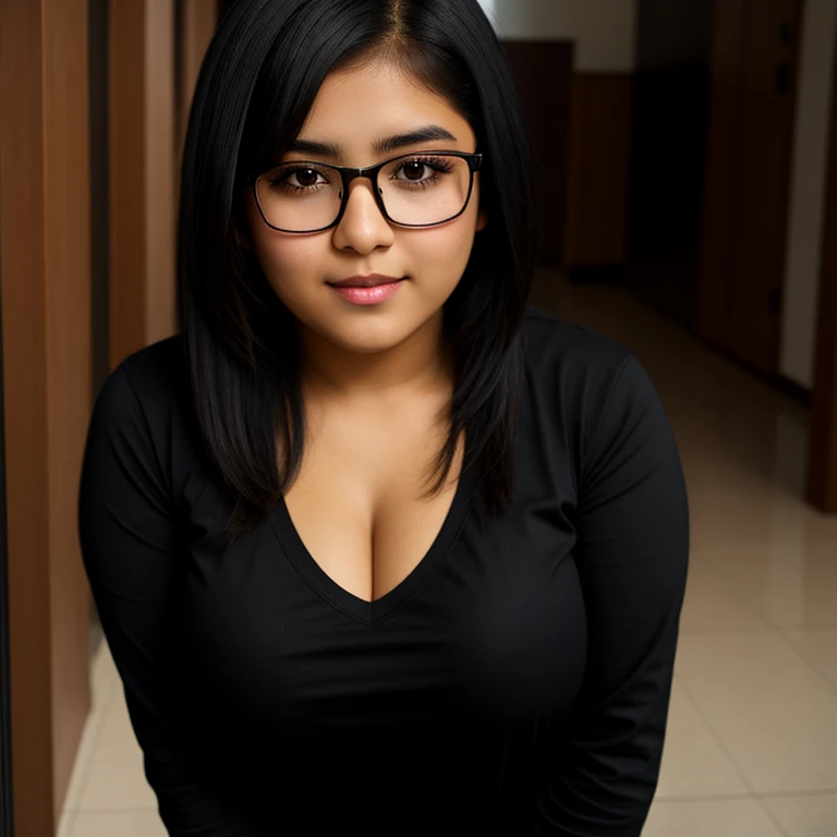 beautiful detailed, cute face, short, mexican , medium black hair, black hair over one eye, glasses, long-sleeved tucked in v neck T-shirt, long pants, solo, voluptuous breasts, full body photo,