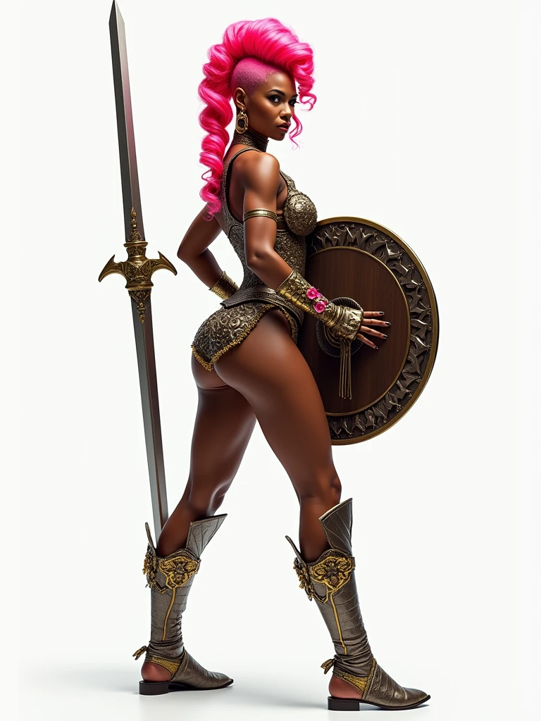 An Amazon posing with confidence and courage. Hair: She has a very long neon wavy fade mohawk. Body: the breasts are tiny and small, wide hips are voluptuous and very strong trapezoidal and toned. The waist is tiny zero. Her body is voluptuous and delicate and Womancore. She has an immensely full round and protruding buttocks glutes. Face: like Angela Bassett. Clothes: Amazon armoured suit. The armor is bright metallic with flowers and intricate details. She has a long sword and a shield with relief symbol. Image style and definition: (ultra realistic photo, feminine figure, portraits, Reductionist form, UHD, mujercore.) Background: white room.