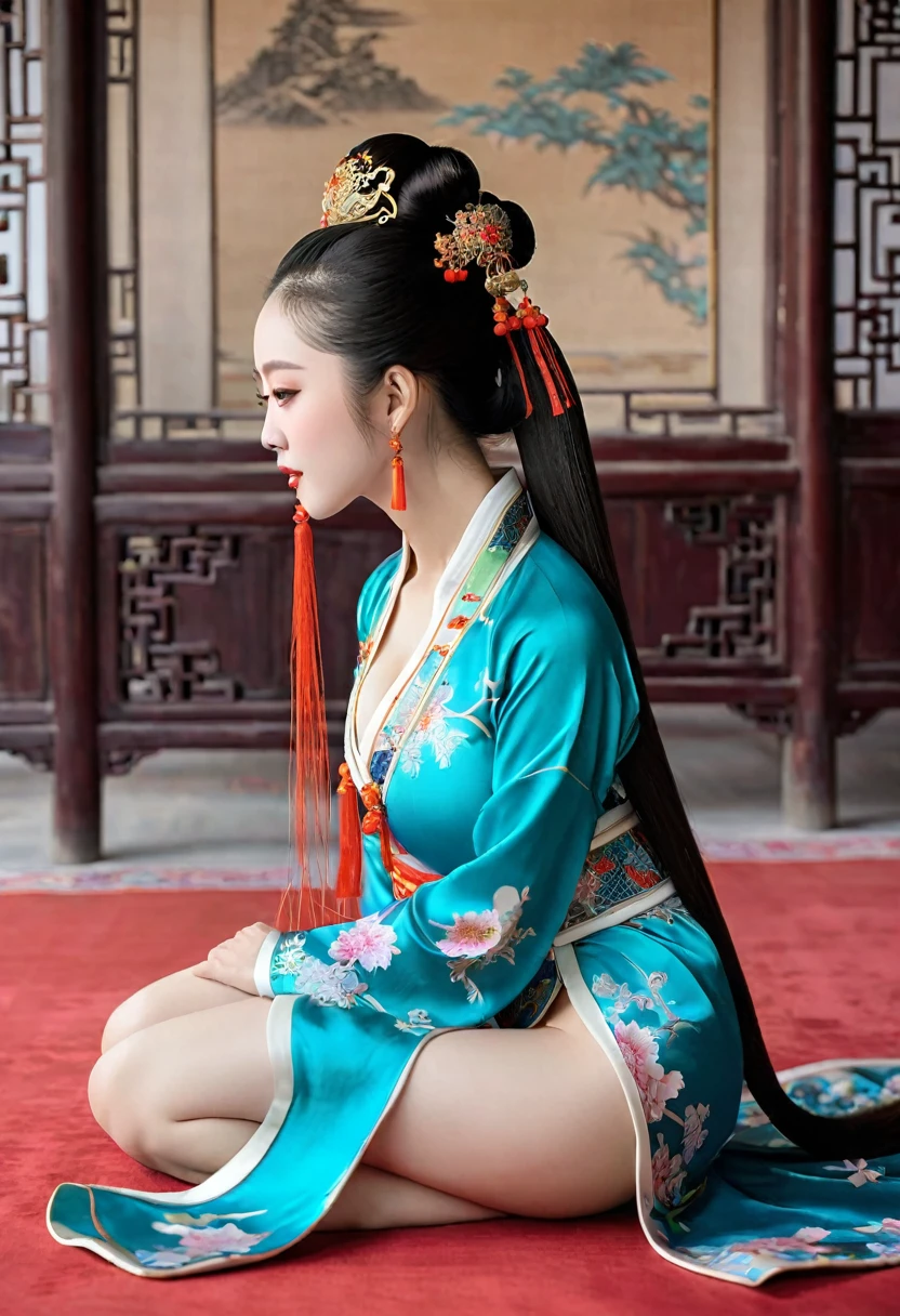 In the Qing Dynasty palace、Her breasts are large and her legs are spread wide、Bend your knees to make a V shape（Porn Pose）、Tying up your hair、She is shown in profile wearing a gorgeous Chinese empress&#39;s headdress.。In the background is the cobblestones outside a Qing Dynasty Chinese palace。