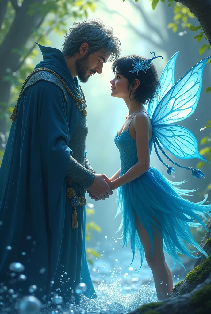 a water fairy, playful and friendly personality, with wings and a staff and short black hair who is looking lovingly face to face with a magic man sorcerer. with strong personality and calm,that manipulates the element of water.