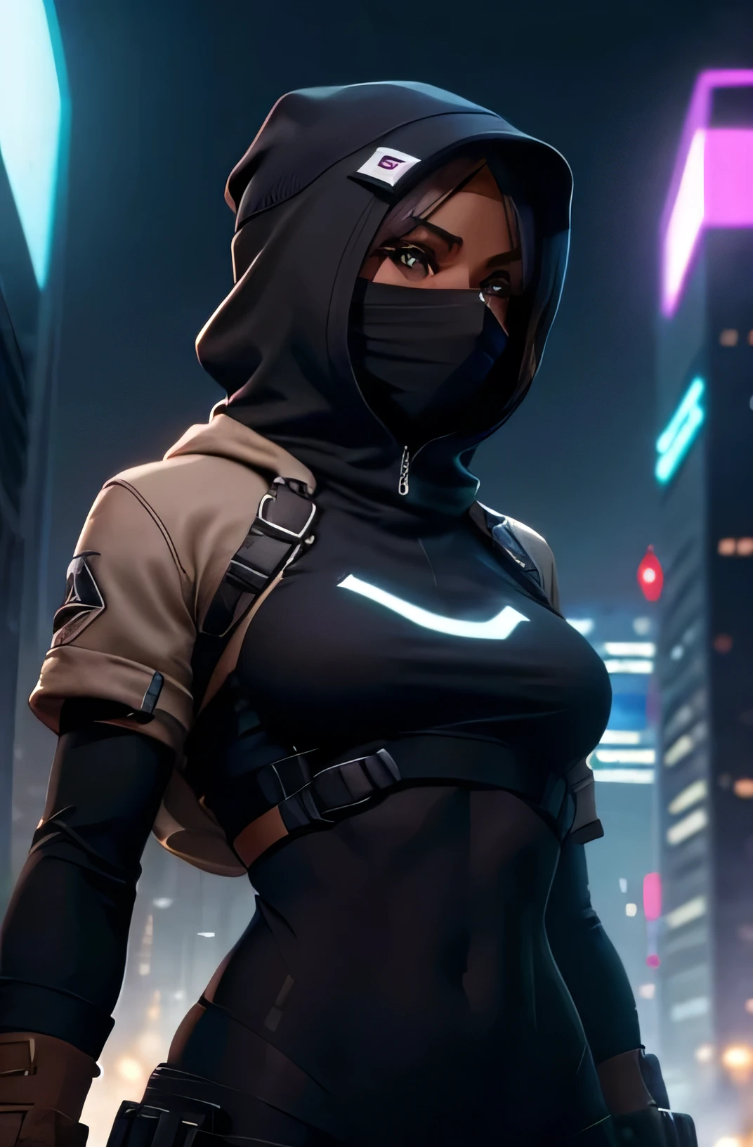 Create a genderless character, with medium hair, engaging light brown eyes, and tanned, slightly dark skin. The character wears a balaclava or a cap with her face darkened by shadows caused by indirect lighting. The setting is science fiction, with neon colors in the background or a very modern city in the background with large buildings. The atmosphere is mysterious