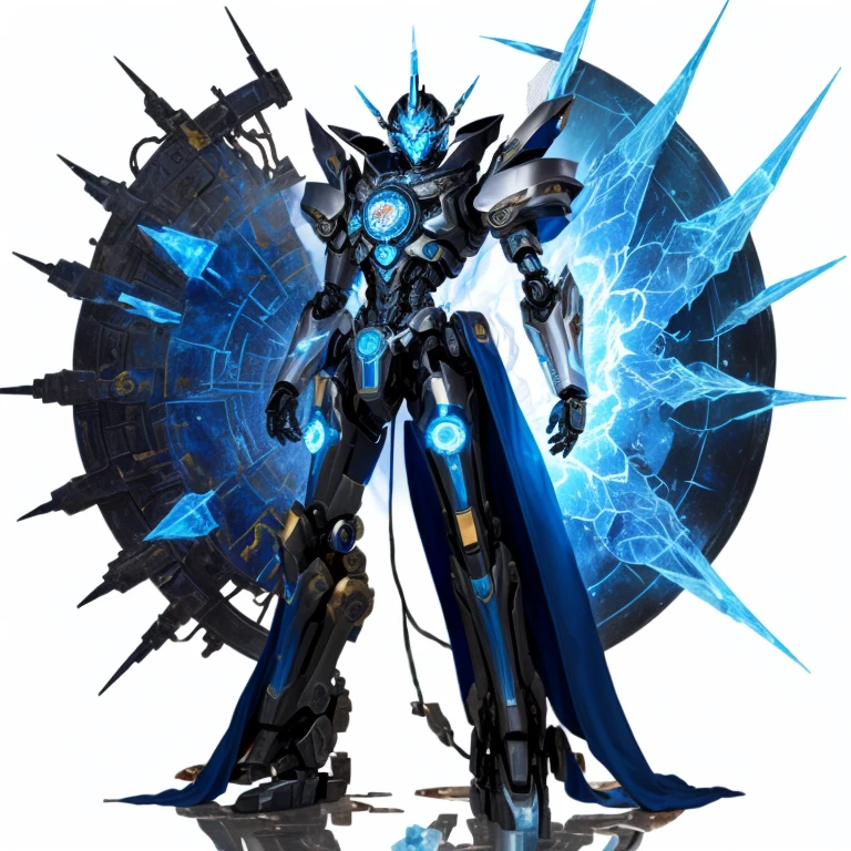 There is a robot standing next to a coin, Ancient mysterious time lord, Elemental guardian of life, Slender Man Fantasy Alchemist, Crystallization time distortion, Vitruvian Mecha, god of time and space, Wizard, Mecha style greek god, Anime robot mixed with organic, african steampunk alchemist, Complete portrait of the Electric Mage, The album cover