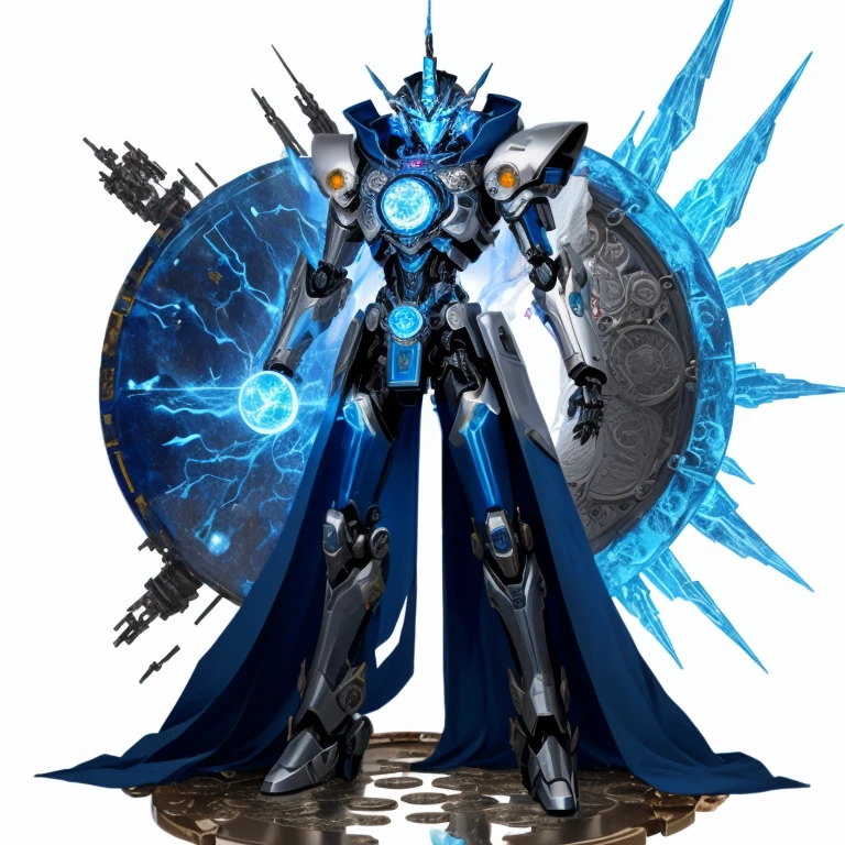 There is a robot standing next to a coin, Ancient mysterious time lord, Elemental guardian of life, Slender Man Fantasy Alchemist, Crystallization time distortion, Vitruvian Mecha, god of time and space, Wizard, Mecha style greek god, Anime robot mixed with organic, african steampunk alchemist, Complete portrait of the Electric Mage, The album cover