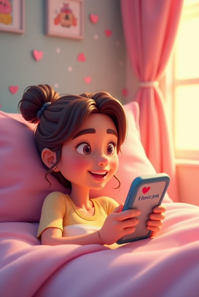 A beautiful girl lying on the bed pressing phone smiling and a text from her boyfriend called ademi❤️ telling her I love you on the screen. I want the text to show along side the sender’s name which is ademi❤️. Make it more like cartoon 3d but the name has to show