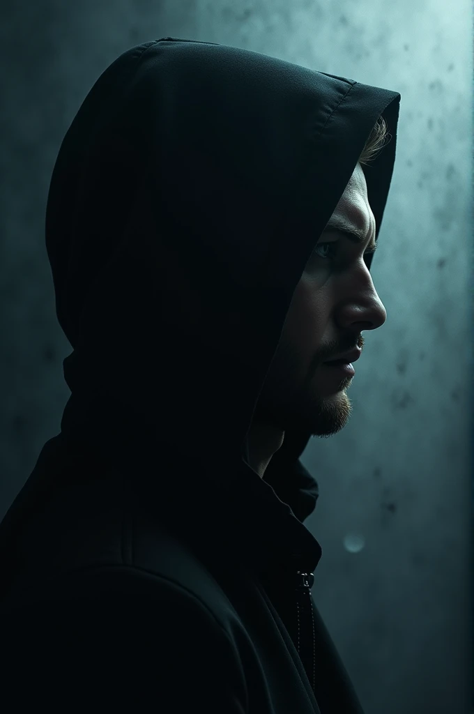 Create an image of a male face in profile using a hood, that involves a background gradient from the back of the face, to the front side. Taking the gradient from a dark tone to a light one, reflecting in the dark part, images hallucinate at night and in the clear parts, hallucinatory images a day.

