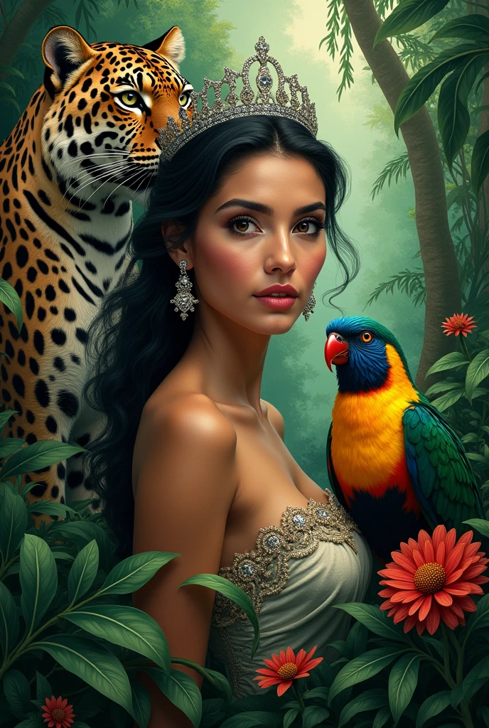 Guatemalan beauty queen in an ecological landscape surrounded by fauna such as jaguar, quetzal 