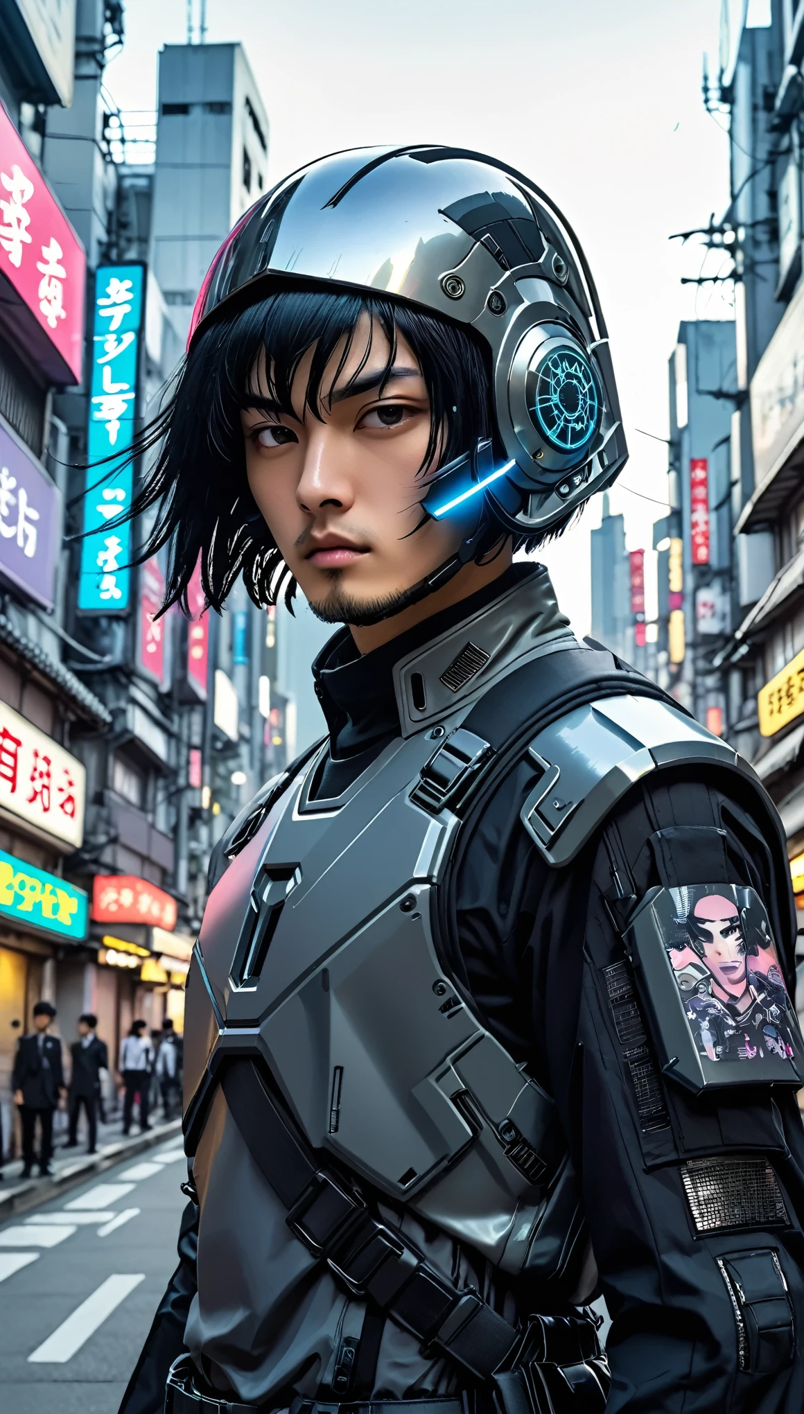 Cyber Suit、Combat Uniform、male、24-years-old、background、Japanese、Black Hair、Bobcut、Upper Body、Close-up of face、cyber punk、Half helmet、Ready the light sword、Future City。