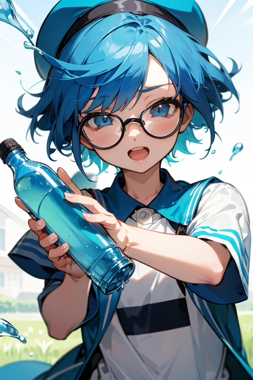 Wink、Open your mouth、Remove the cap from the plastic bottle、Short Hair、Blue Hair、Glasses、Strong sunlight