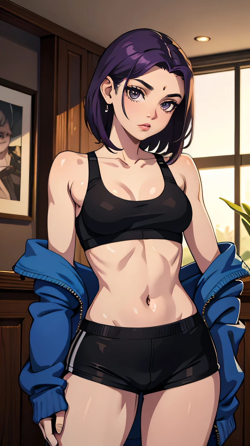 (cowboy shot), (masterpiece, best_quality, detailed, immaculate:1.3), epic, illustration,Anime Style
BREAK
ArtemisYJ,medium hair,purple Hair,makeup,
extremely detailed clothing fabric(Black sports bra , shorts),extremely detailed dress ,small breast,earrings ,
BREAK
(Night, Bar, indoors,)