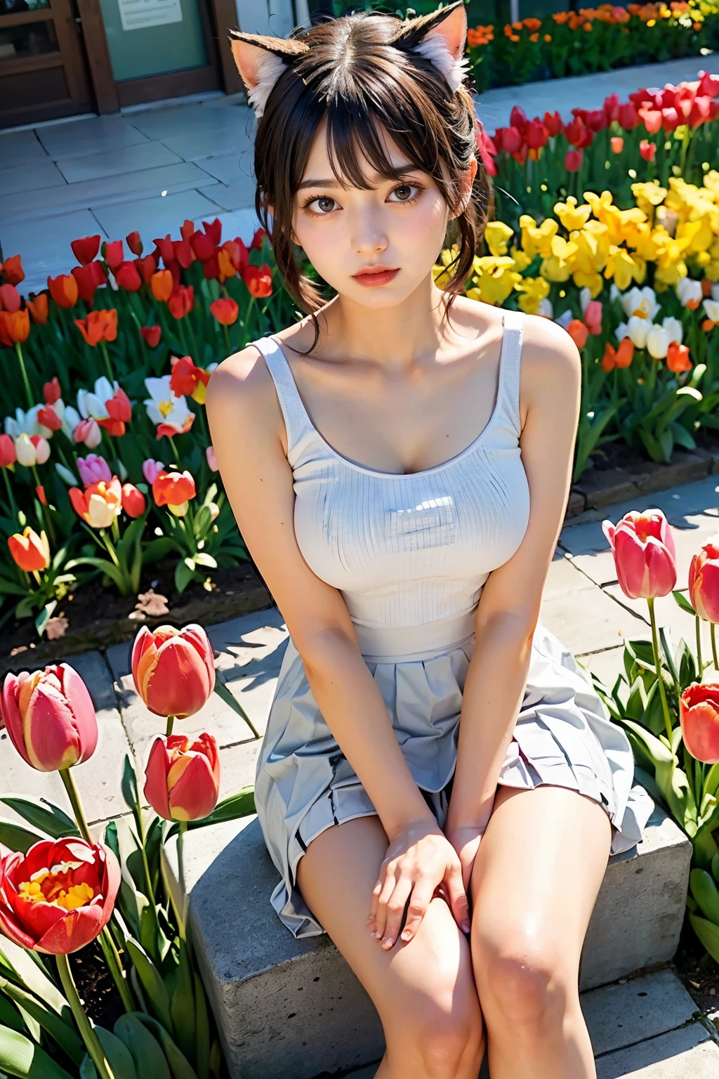 Masterpiece, bokeh, (Tulips background:1.4), (Holding Tulips bouquet:1.3), (Beautiful face), (Detailed face), (Japanese idle), (Plump breast:1.2), (White tanktop:1.3), (Pleated skirt:1.3), (Blushed face:1.3), (Sitting in colourful Tulips garden:1.5), (Cat ears:1.3),, (From below:1.5),
