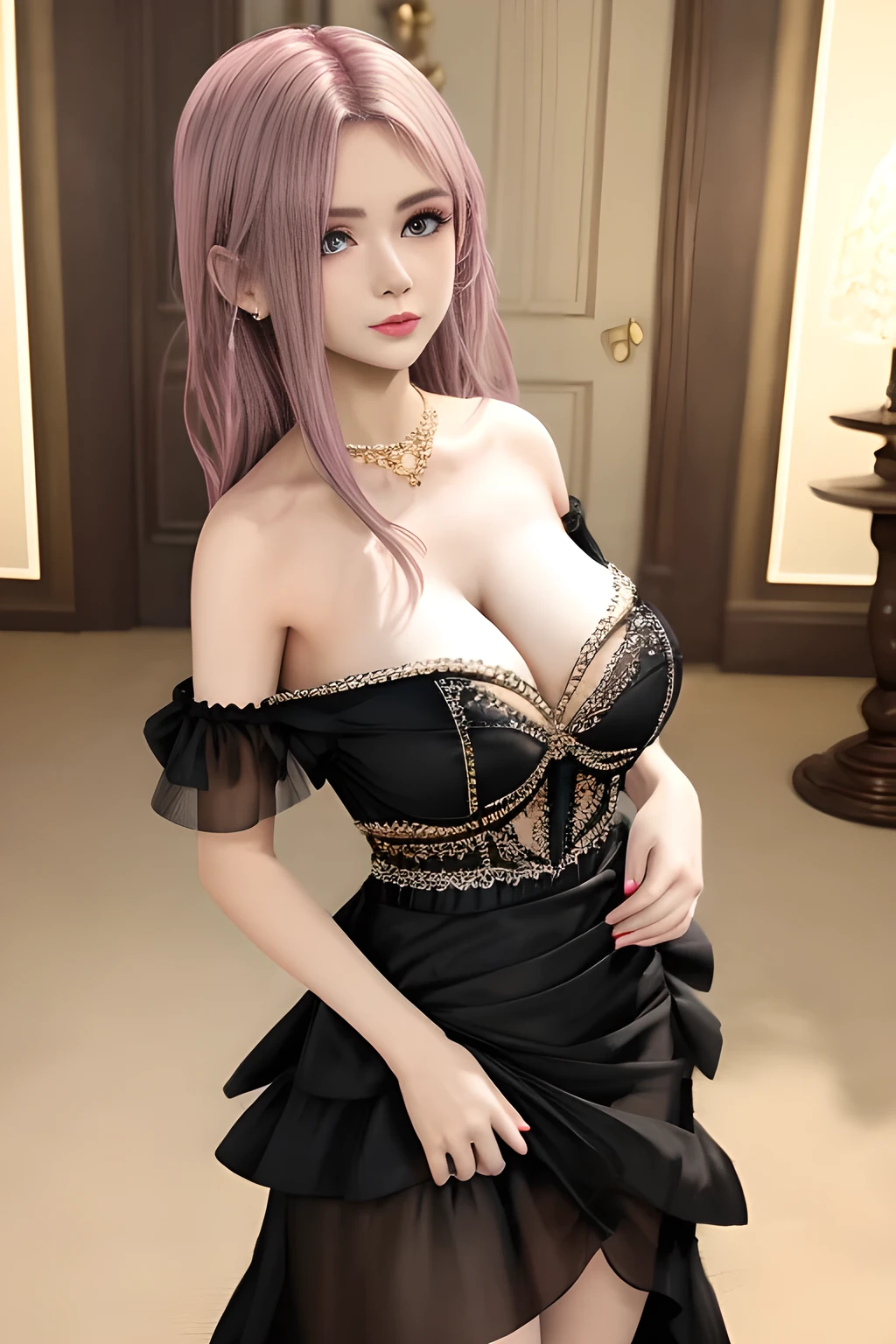 1girl is wearing an elegant black strapless dress. The perspective-dress is beautifully designed with ruching on the bodice and a cascading ruffled asymmetrical hem, adding a playful and chic touch to the outfit. The person is standing upright, with one hand gently touching their leg and the other hand relaxed by their side. The background is plain and neutral, drawing attention to the dress itself. The lighting is soft, highlighting the details of the dress and creating a fashionable and stylish atmosphere,, huge breasts, elise