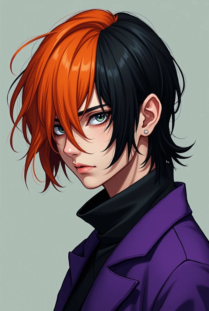 A 37 year old man with half orange half black hair with grey eyes wearing purple jacket