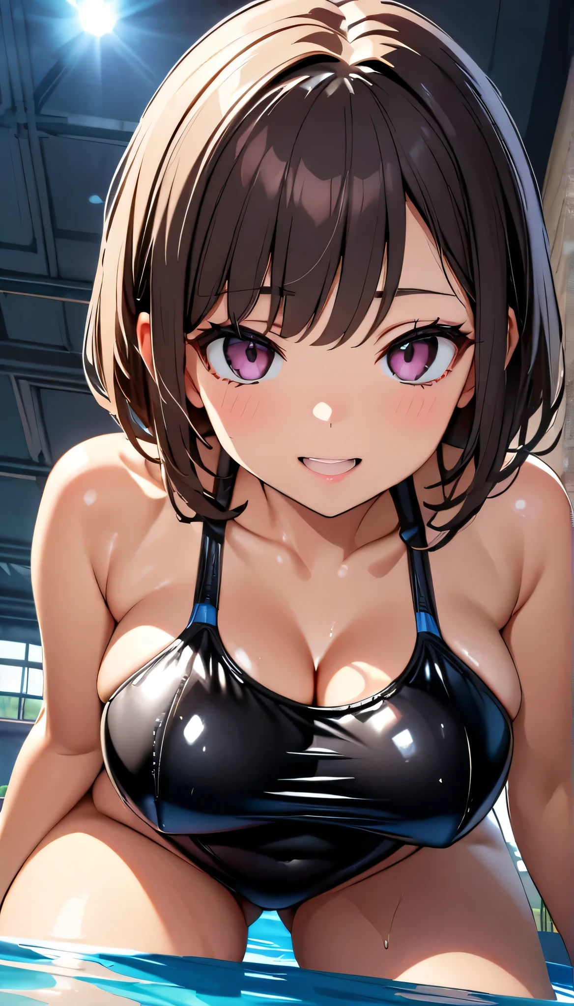 (highest quality:1.2,2girls,cg, Very detailed, High Detail, digital coloring, High Contrast, masterpiece:1.2,, highest quality, Best aesthetics), 8k,masterpiece, cute,tall,beautiful,best quality, 1girl,brown hair,short hair,,wavy hair,empty eyes, (finely detailed glowing eyes and detailed face),,,,extremely detailed cg unity 8k wallpaper,solo,(latex sexy swimsuits:1.9),large breasts,seductive smile,,large breasts,black hair,pink eyes,grossy lips,sitting,c,sadistic smile,shiny skin,,detailed face,beautiful body,,adult,,show me breasts,sadistic,seductive smile,,,bust shot,open mouth,,on the pool,,burikko pose,,,sitting,stick out ass,,from below,look at viewer