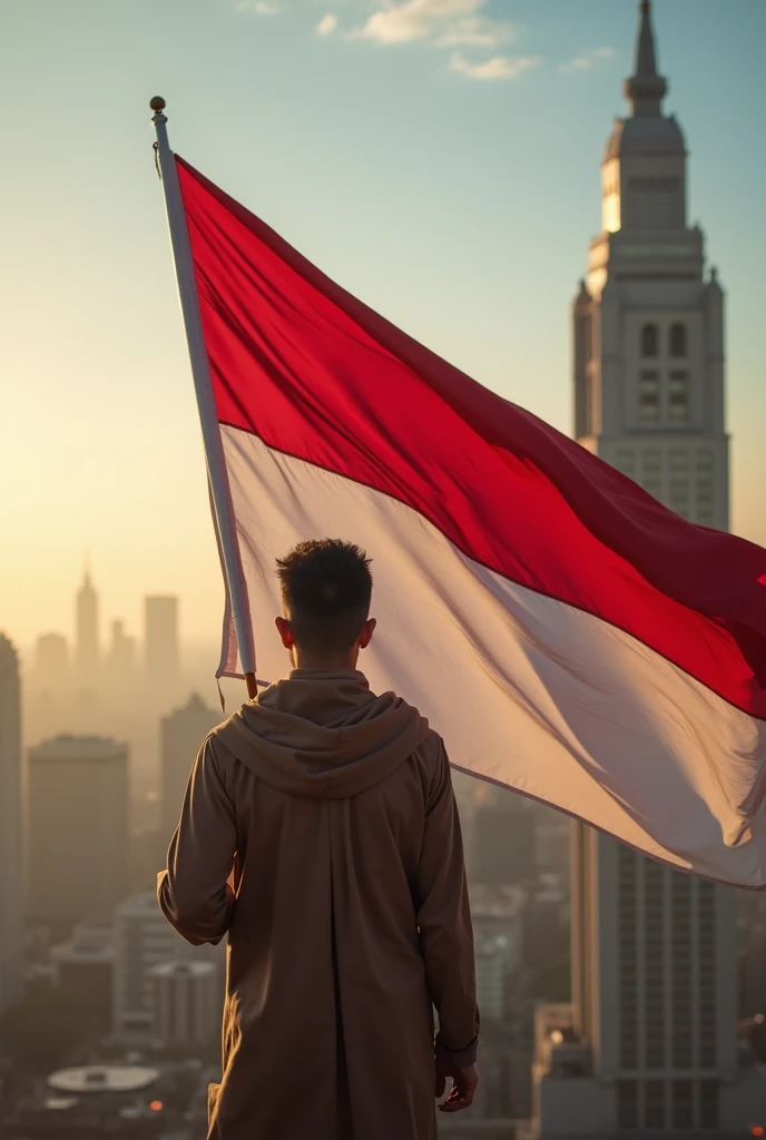 an asian muslim man full body carrying the Indonesian flag