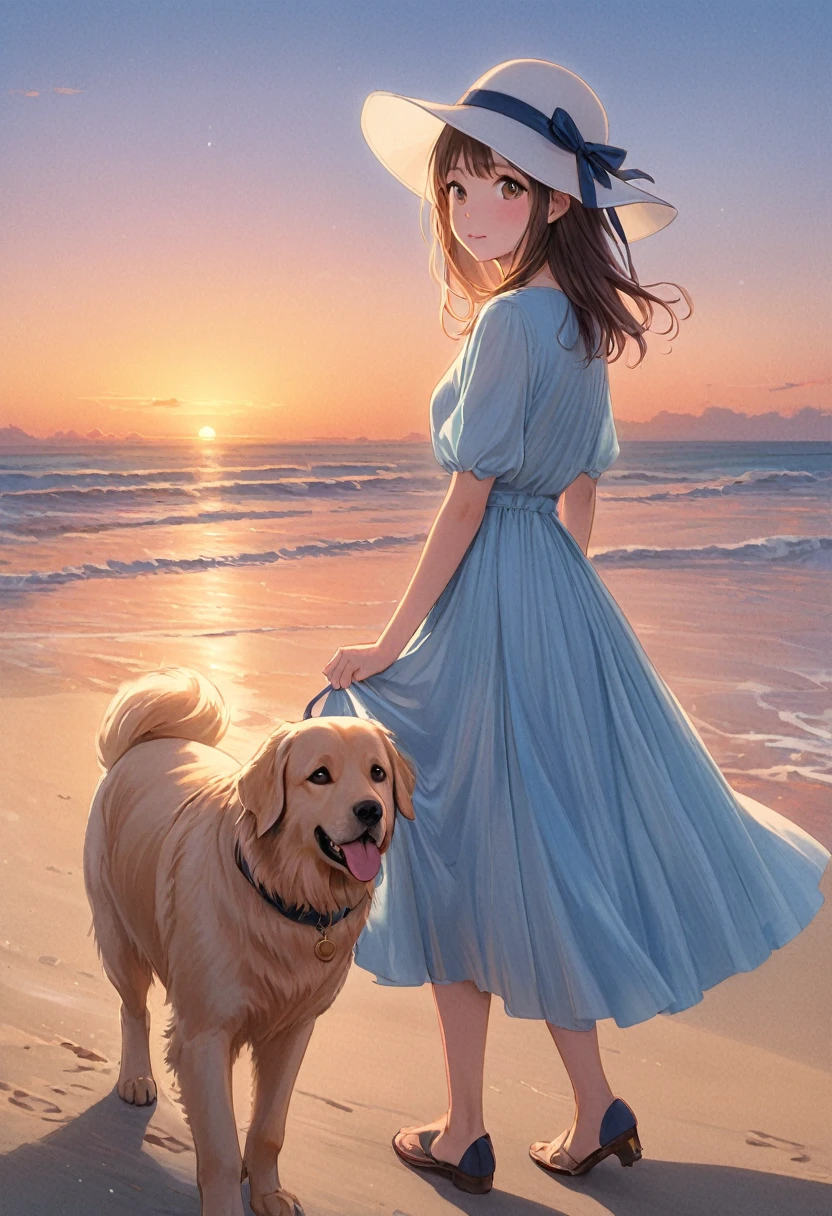  A beautiful girl and a large dog are taking a leisurely stroll along the beach at dusk，Blue Dress、wearing a white wide-brimmed hat、Golden Retriever、Sunset Ocean Theme，art，advertisement，Colored pencil drawing，draft 、Beautiful Face、Kanna Hashimoto、Masterpiece、Ultra high definition、