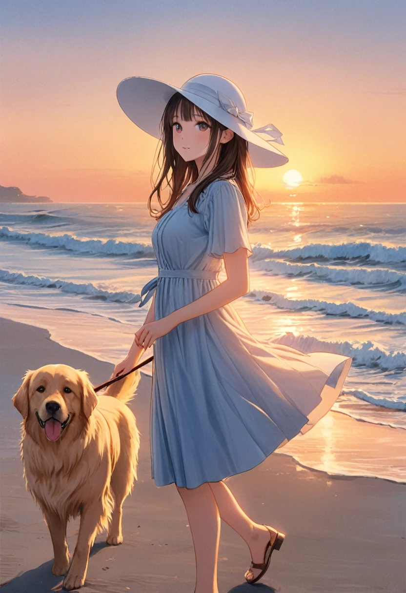  A beautiful girl and a large dog are taking a leisurely stroll along the beach at dusk，Blue Dress、wearing a white wide-brimmed hat、Golden Retriever、Sunset Ocean Theme，art，advertisement，Colored pencil drawing，draft 、Beautiful Face、Kanna Hashimoto、Masterpiece、Ultra high definition、