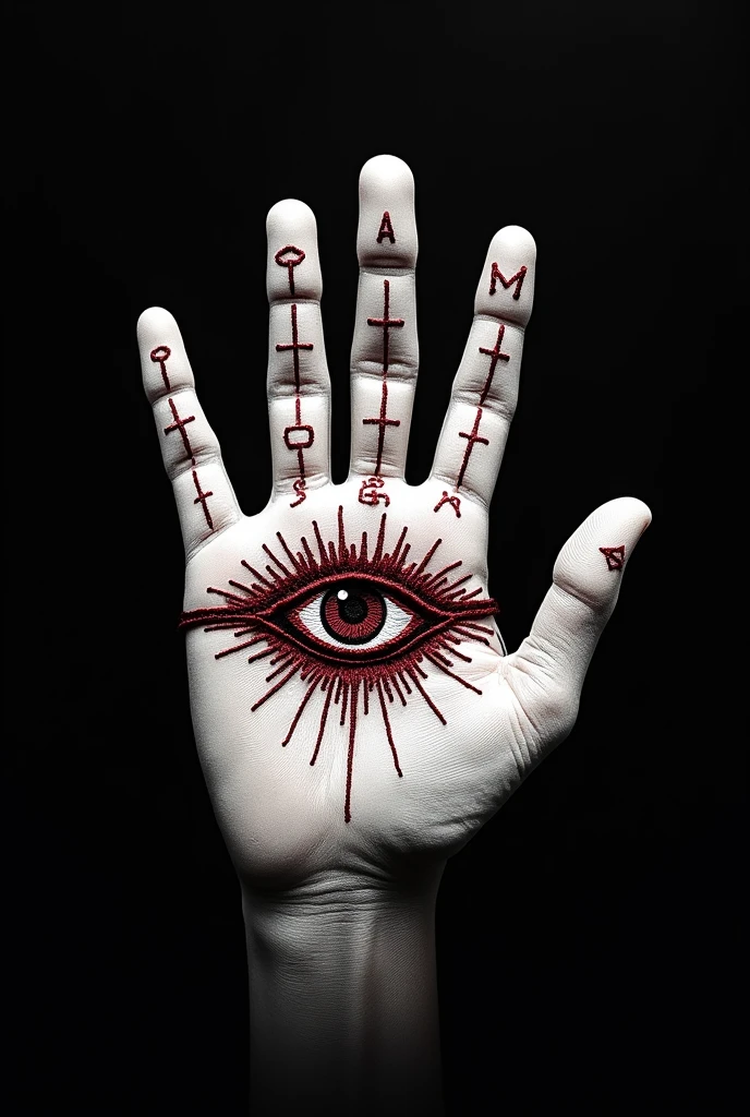 A white hand with a blindfold and an eye embroidered on the palm, runes of witchcraft are embroidered in dark red thread on a black background