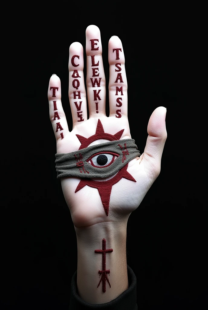 A white hand with a blindfold and an eye embroidered on the palm, runes of witchcraft are embroidered in dark red thread on a black background