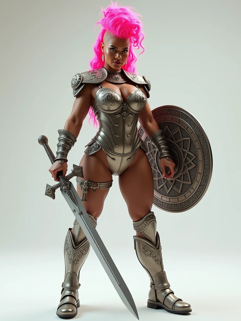 objective: (), An Amazon posing with confidence and courage. Hair: She has a very long neon wavy fade mohawk. Body: the breasts are tiny and small, wide hips are voluptuous and very strong trapezoidal and toned. The waist is tiny zero. Her body is voluptuous and delicate and Womancore. She has an immensely full round and protruding buttocks glutes. Face: like Angela Bassett. Clothes: Amazon armoured suit. The armor is bright metallic with flowers and intricate details. She has a long sword and a shield with relief symbol. Image style and definition: (ultra realistic photo, feminine figure, portraits, Reductionist form, UHD, mujercore.) Background: white room.