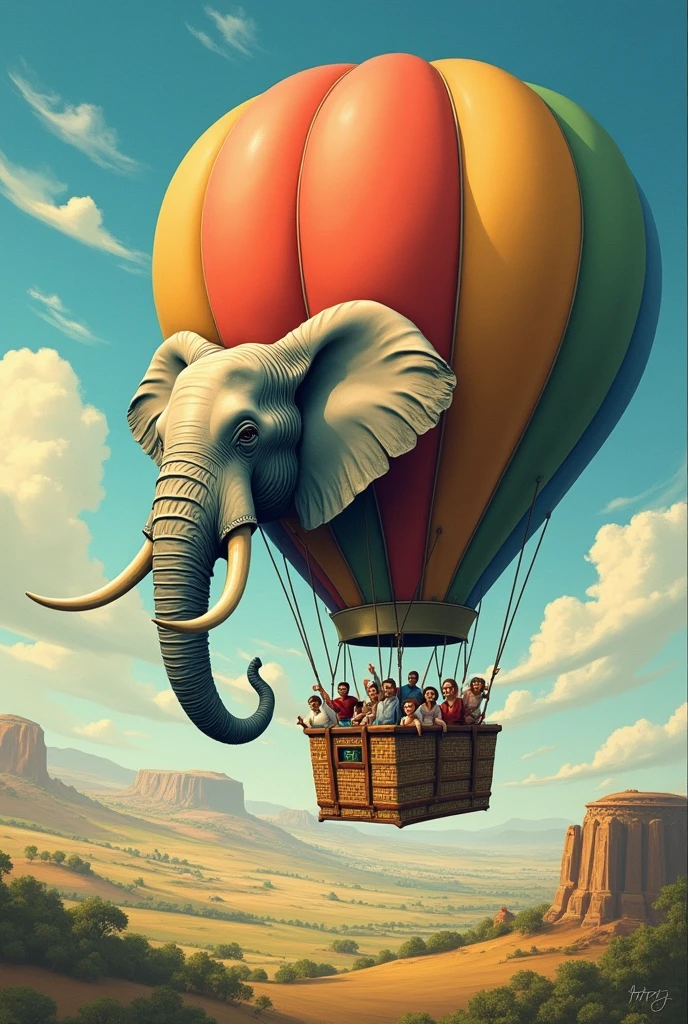 An elephant floating in the sky, its body transformed into a colorful hot air balloon. The trunk acts as the balloon's burner, releasing multicolored flames. Its ears are replaced with passenger baskets full of excited tourists. Tusks remain intact, gleaming in the sunlight. Background shows a patchwork of landscapes below - savannah transitioning to cityscape. Whimsical, storybook art style with rich, saturated colors.