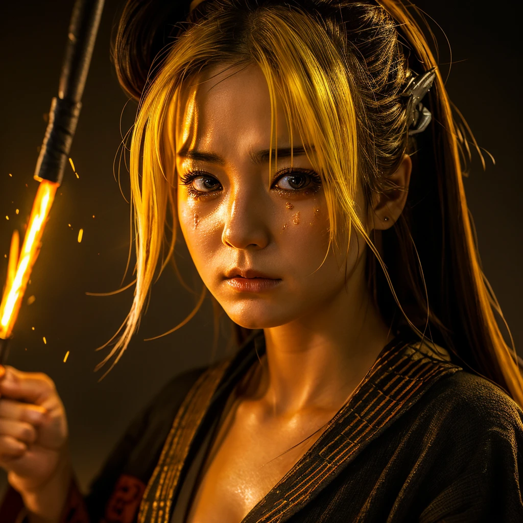 Realistic, Extreme close up, Create an image of an intense anime character girl long hair, natural big breast, a little cleavage, with spiky, golden-yellow hair. Holding samurai, The character appears to be in a dramatic moment, with tears streaming down her face and a determined expression. She is wearing a traditional Japanese-style outfit with a distinctive orange and black pattern. The background is dark and dynamic, with sparks, yellow lighting, thunder and energy surrounding the character, enhancing the intense atmosphere.