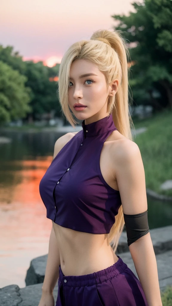Beautiful girl, yamanaka ino, purple crop top, sleeveless, long blonde hair, bangs, masterpiece, orange sky,lake