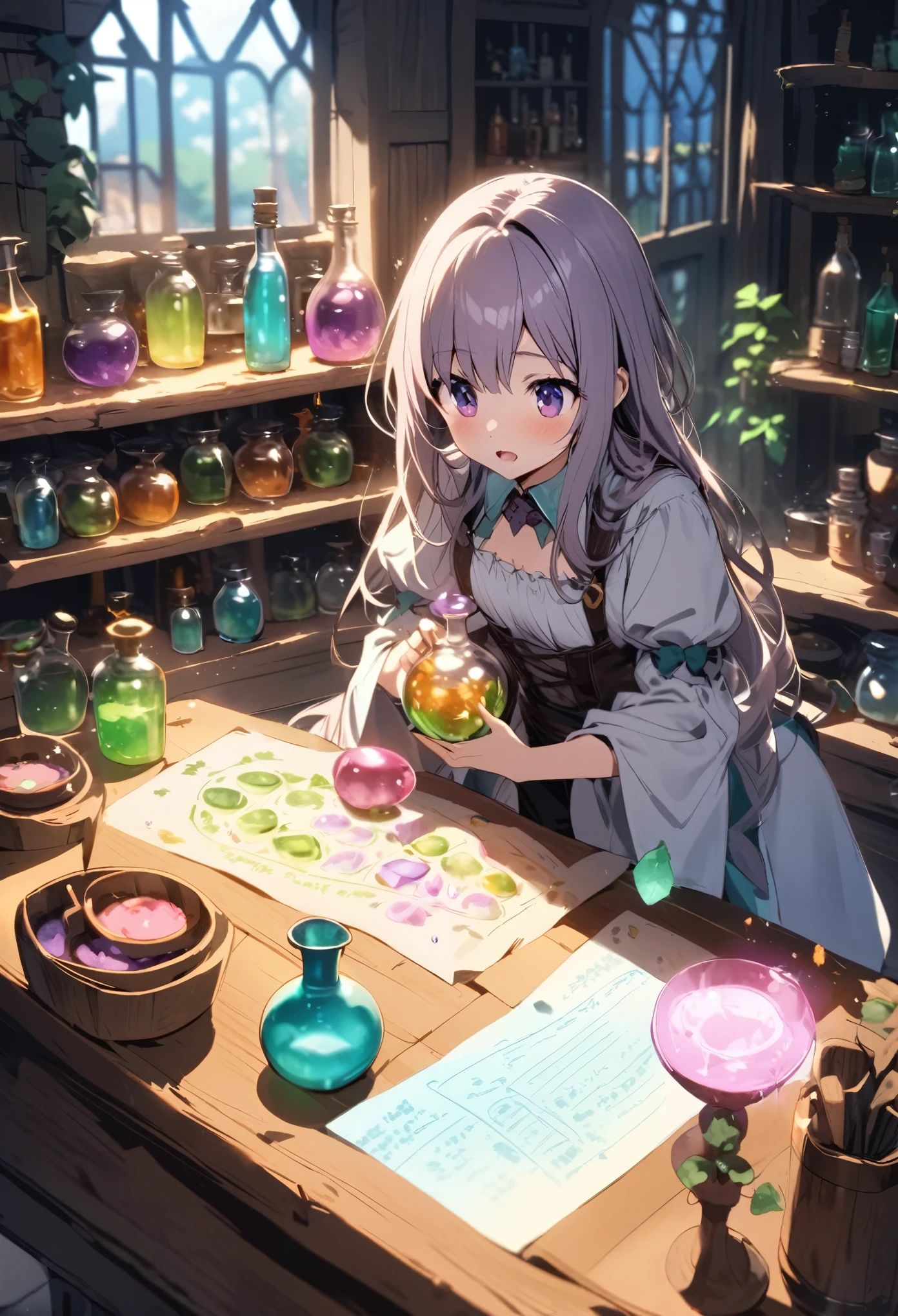 There is a young girl standing in front of a table., Magical Laboratory Setting, she is in the potions workshop, Wizard&#39;s Laboratory, Put a spell on the potion, fantasy alchemist laboratory, Magic Lab Background, Alchemy Research Institute, He is in the alchemist&#39;s laboratory,  Has magical powers, Making medicines, Cast a spell, Magic Potion, Magic shop, large hall, large table, wand, flask, colorful liquids, distillation, distillation equipment, coffee cup, mysterious atmosphere, open air, light from large windows, wooden structure, wizard's clerk, wizard girl holding a cane, small animals, bright colorful lighting, warm lighting, fantasy, magic circle, fantastic lamps hanging from the ceiling, old-fashioned mansion