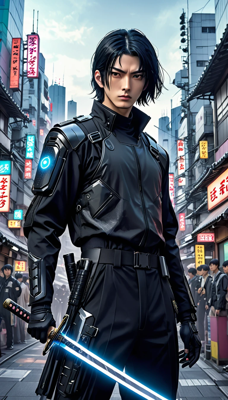 Cyber Suit、Combat Uniform、male、24-years-old、background、Japanese、Black Hair、Bobcut、Upper Body、Close-up of face、cyber punk、Holding a Japanese sword、Future City。